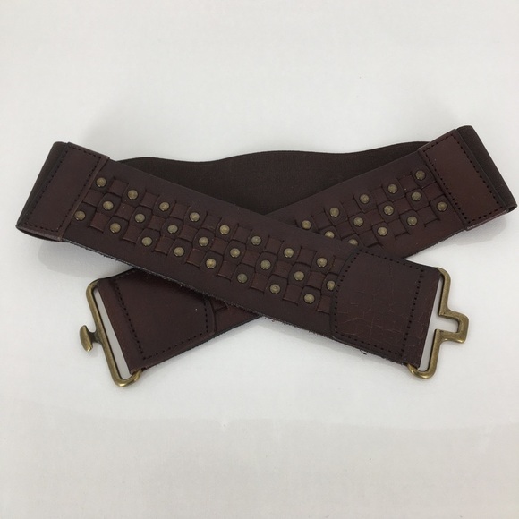 Wide Boho Woven Leather Stretchy Belt Brown with Brass Studs Women’s Size L/XL main image 6